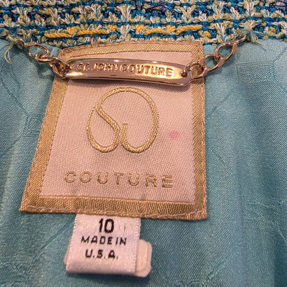St. John Couture Skirt Suit Size 10 Multicolor Aqua Blue Green Tweed - Picture 10 of 14